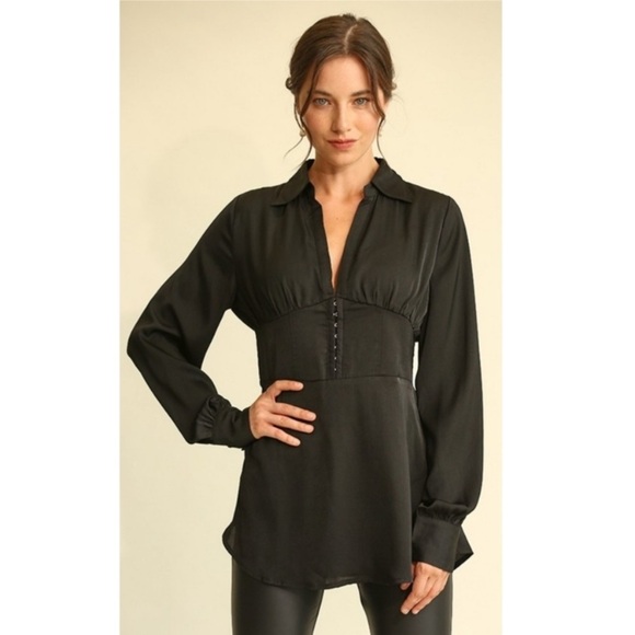 Private Label Tops - NEW BLACK SATIN DEEL AND PLUNGE CORSET BLOUSE